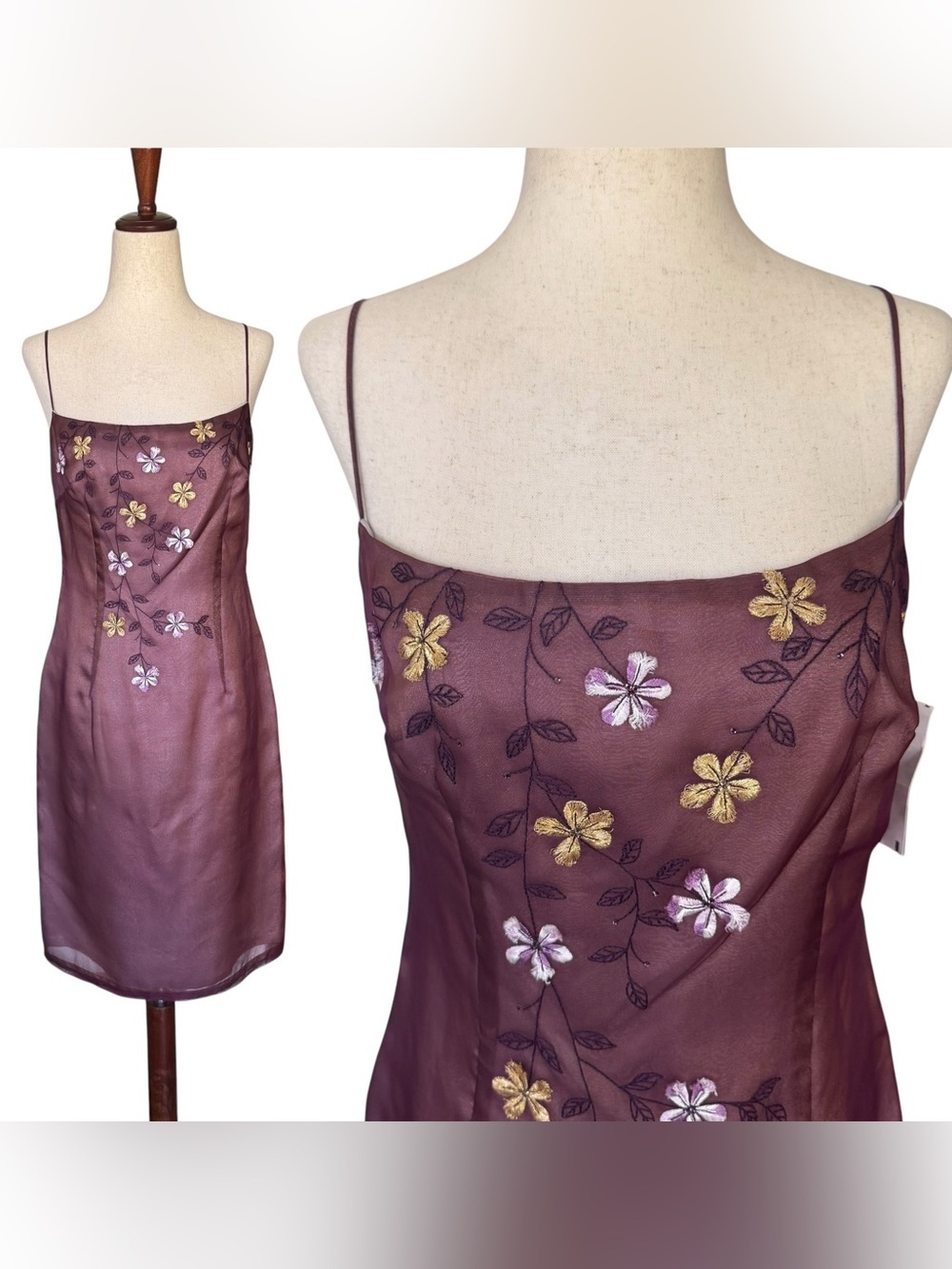 Vintage 90s Laundry Silk Organza Embroidered Floral Slip Dress sz 4 6 NWT